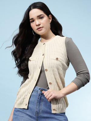 Glitchez Solid Round Neck Casual Women Beige Sweater