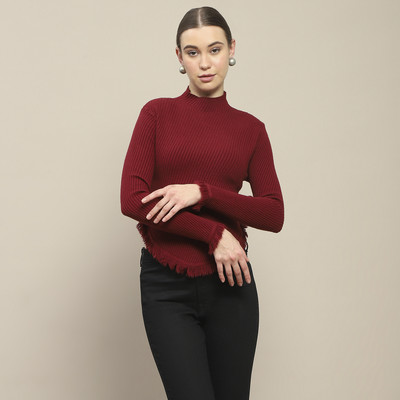 MADAME Striped Round Neck Casual Women Maroon Sweater