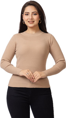 Lasoon Solid Round Neck Casual Women Beige Sweater