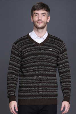 GODFREY Self Design V Neck Casual Men Brown Sweater