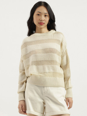 United Colors of Benetton Striped Round Neck Casual Women White Sweater