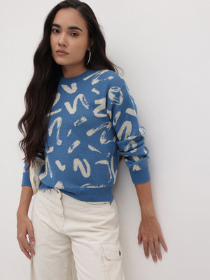 Roadster Self Design Round Neck Casual Women Blue Sweater