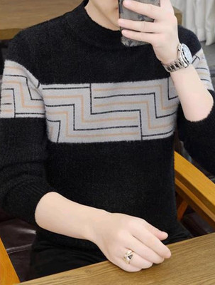 Keenuu Self Design, Printed High Neck Casual Men Black Sweater