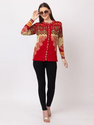 dadu dayal Printed Round Neck Casual Women Red Sweater