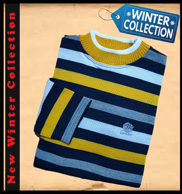 Marc Laurent Striped Round Neck Casual Men Blue Sweater