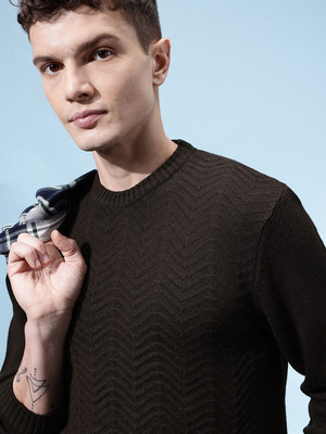 Glitchez Self Design Round Neck Casual Men Brown Sweater