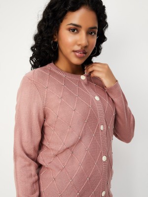 MAX Self Design Round Neck Casual Women Pink Sweater