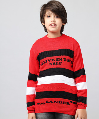 Fit N Fame Striped Round Neck Casual Boys & Girls Red Sweater