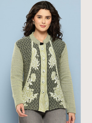 Roadster Printed Mandarin Neck Casual Women Green Sweater