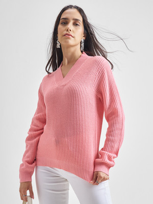 Tokyo Talkies Self Design V Neck Casual Women Pink Sweater
