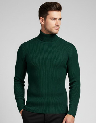 BAB Striped High Neck Casual Men Dark Green Sweater