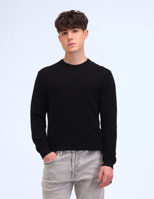 FLYING MACHINE Printed Crew Neck Casual Men Black Sweater