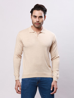 Raymond Solid Collared Neck Casual Men Beige Sweater