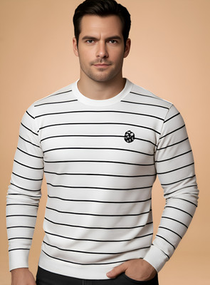 WILLEY Striped Round Neck Casual Men White Sweater
