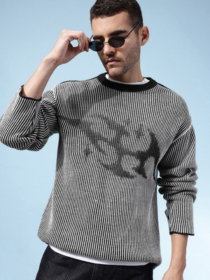 Glitchez Self Design Round Neck Casual Men Black, Grey Sweater