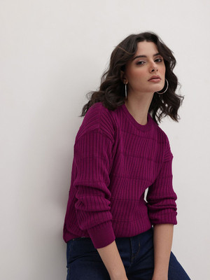 Roadster Self Design Round Neck Casual Women Brown Sweater
