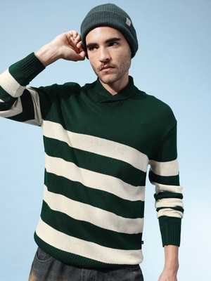Glitchez Striped High Neck Casual Men Green Sweater