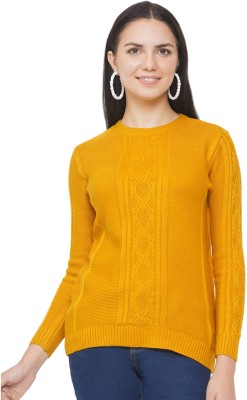 FABNEST Self Design Round Neck Casual Women Yellow Sweater