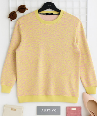Austivo Printed High Neck Casual Women Yellow Sweater