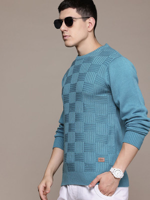Roadster Self Design Round Neck Casual Men Green Sweater