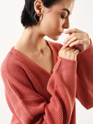 DL Woman Solid, Self Design V Neck Casual Women Pink Sweater