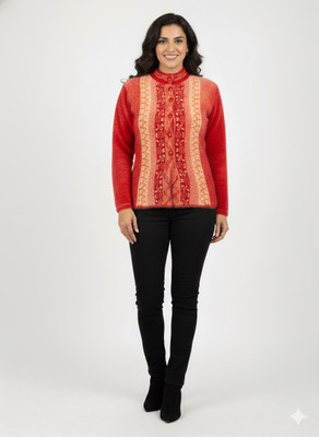 SIKKA CLUB Embroidered Collared Neck Party Women Red Sweater