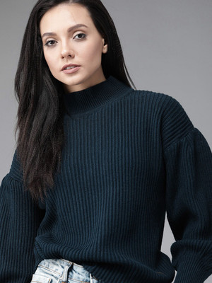 Roadster Self Design High Neck Casual Women Green Sweater