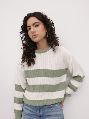 Roadster Striped Round Neck Casual Women White Sweater