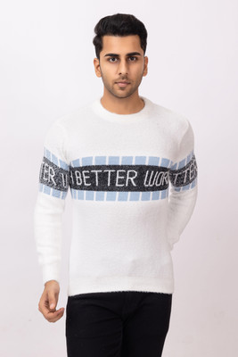 RUDRAKSH Self Design Round Neck Casual Men White Sweater