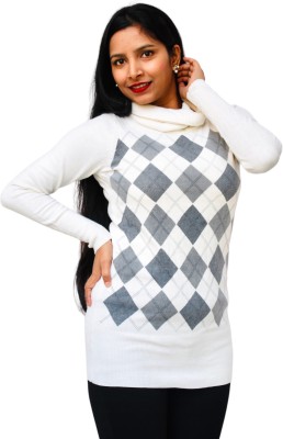 Preety World Argyle High Neck Casual Women White Sweater