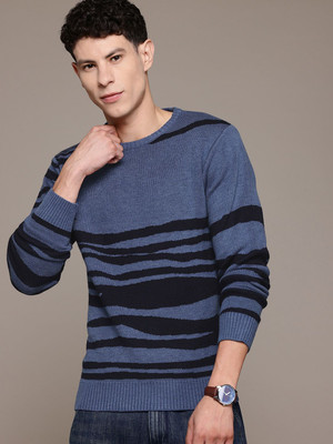 Roadster Striped Round Neck Casual Men Blue Sweater