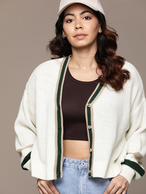 Roadster Self Design V Neck Casual Women White Sweater