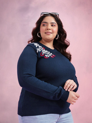 DressBerry Curve Embroidered Round Neck Casual Women Blue Sweater