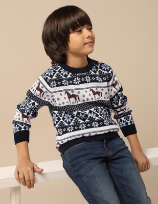 U.S. POLO ASSN. Printed Crew Neck Casual Boys Blue Sweater