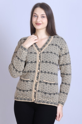 HIMYUG Self Design V Neck Casual Women Reversible Beige Sweater