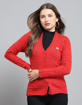 MONTE CARLO Self Design V Neck Casual Women Red Sweater