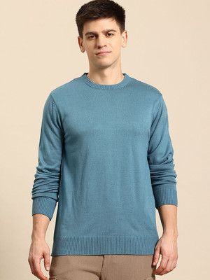 Mast & Harbour Solid Round Neck Casual Men Blue Sweater