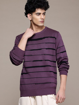 Roadster Striped Round Neck Casual Men Purple Sweater