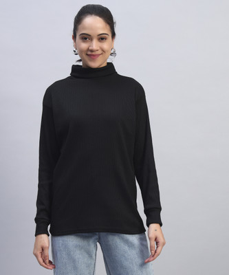 Christy World Self Design High Neck Casual Women Black Sweater