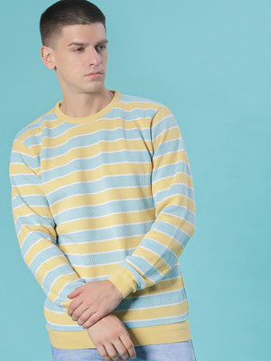 V-MART Striped Round Neck Casual Men Yellow Sweater