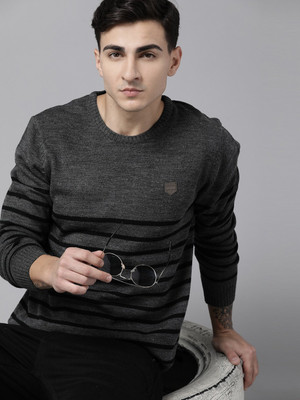 Roadster Striped Round Neck Casual Men Black Sweater