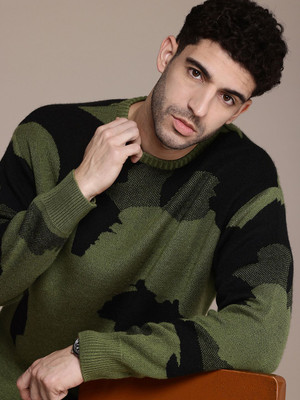 French Connection Geometric Print Round Neck Casual Men Green Sweater
