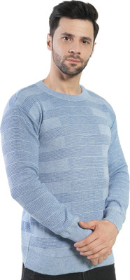 manra Striped Round Neck Casual Men Blue Sweater