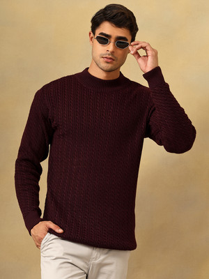 KVETOO Self Design Round Neck Casual Men Maroon Sweater