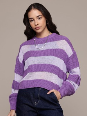 Roadster Colorblock Round Neck Casual Women Purple Sweater