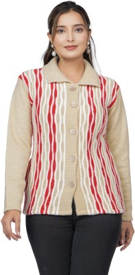 WOOLVALLEY Self Design Collared Neck Casual Women Beige, Red Sweater