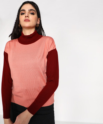 NUMERO UNO Colorblock Turtle Neck Casual Women Pink Sweater