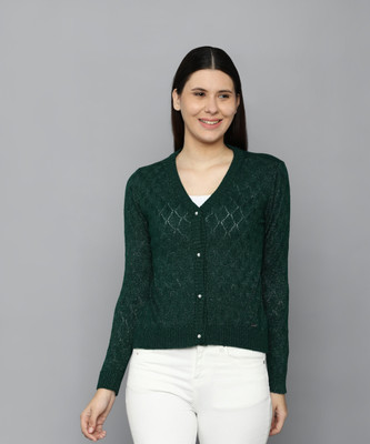 Allen Solly Self Design V Neck Casual Women Green Sweater