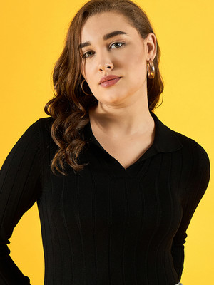 98 Degree North Striped Collared Neck Casual Women Black Sweater