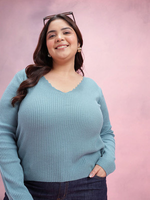 DressBerry Curve Self Design V Neck Casual Women Green Sweater